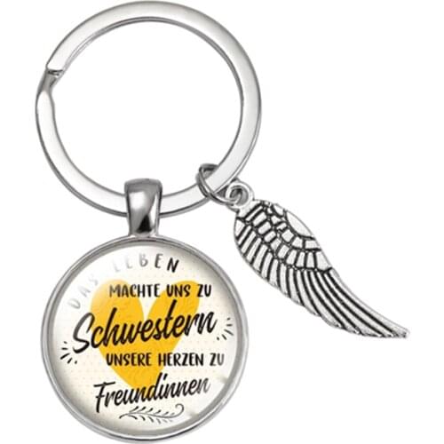Fashion Angel Wing Schwester Bruder Keychain Round Glass Dome Cabochon Pendant Car Bag Key Chain Keyring Jewelry Gift