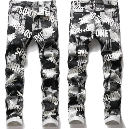 Men’s full prints slimming jeans elastic denim pants street fashion mens casual jeans 4-seasons long pants jeans