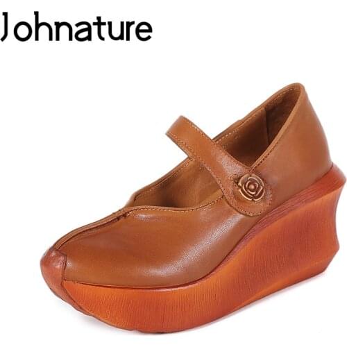 Johnature Spring/Autumn Of 2020 New Genuine Leather Casual Round Toe Buckle Strap Med Totem Woman Shoes Pumps