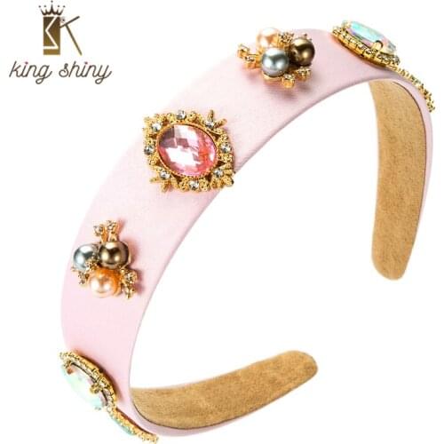 King Shiny Delicate Baroque Sparkly Crystal Beaded Headband Elegant Simulated Pearl Color Fabric Hairband Girl Party Tiara Bezel