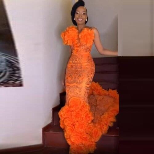 Orange Aso Ebi Mermaid Prom Dresses Sheer Neck Lace Appliques Black Girls Party Dress Handmade Flowers African Evening Gowns
