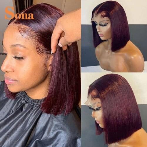 Straight Pixie Cut Burgundy Short Bob Lace Front Wigs 99J Lace Front Human Hair Wigs 180% Dark Red Lace Frontal Wigs for Women