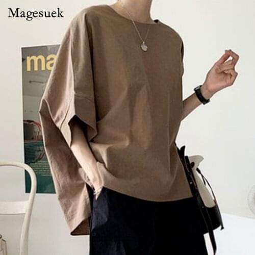 2021 Korea Plus Size Summer Women Shirt Solid Cotton Linen Half Sleeve Shirt for Women Casual Simple Loose Thin Tops Blusa 14729