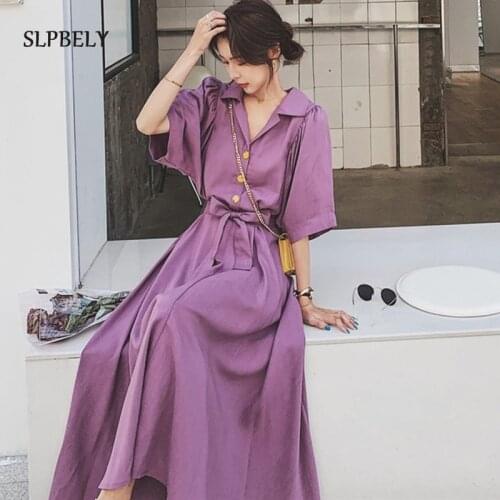 SLPBELY Women Elegant Shirt Dress With Belt Summer French Retro Hepburn Lapel Short Sleeve Party Dress Solid Long Dress Vestido