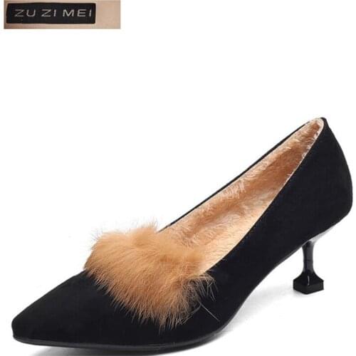Woman basic High Heels Wedding Shoes Flock shallow Pointed Toe Classic Thin Heels 6CM Cat with Rabbit hair Women Pumps