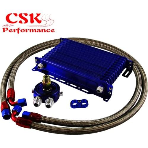 AN10 13Row 262mm Universal Engine Transmission Oil Cooler Trust Type + Aluminum Filter Hose End Kit Silver/Blue/Black/Purple