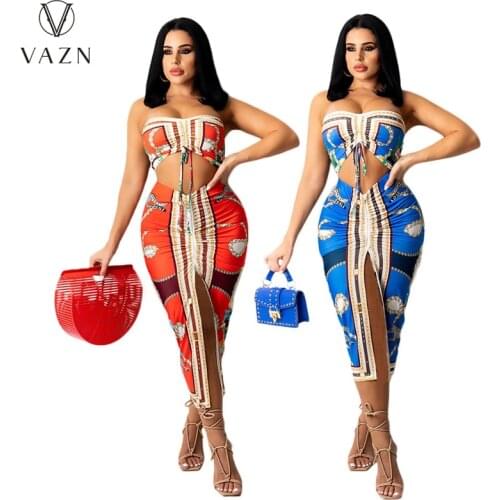 VAZN 2021 Special Bandage Print 2 Piece Set Boho Beach Summer Women Sleeveless Top And Maxi Skirt Autumn