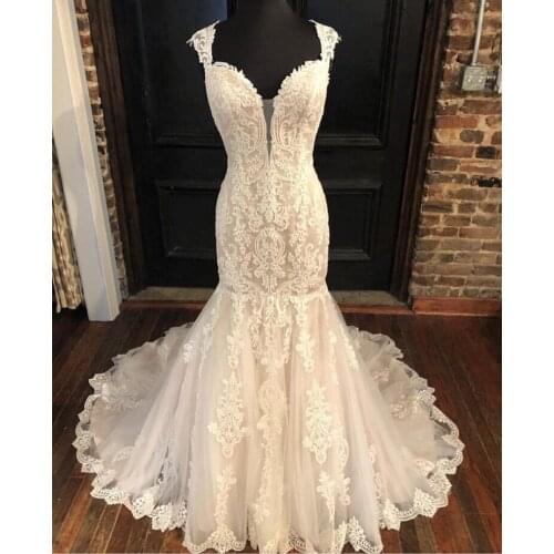 Vintage Mermaid Style Wedding Dress Cap Sleeves Appliques Bridal Gowns Chapel Train White Ivory Bridal Dresses Vestidos De Noiva