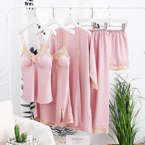 Women Pajamas Satin Sleepwear 5 Pieces Pajamas set Sexy Lace Pajamas Sleepwear Lounge Pijama Silk Home Clothing Suit With Pads