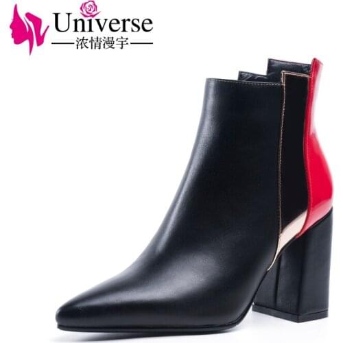 Universe Ankle Boots Fashion Handmade Shoes High Quality Boots 9cm/3.55'' Heel Genuine Leather Women Boots With Short Plush H272