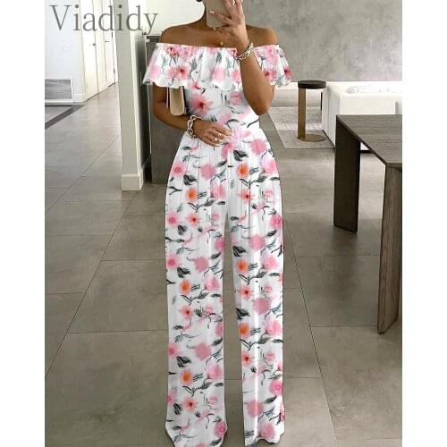 Women Summer Off Shoulder Ruffles Design Wide Leg Jumpsuits