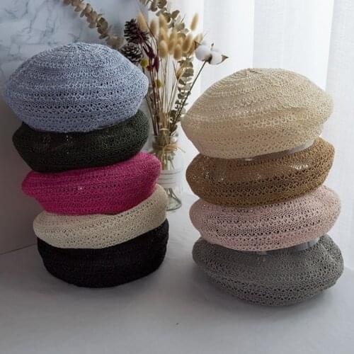 Spring and Summer Womens Beret Womens Japanese Solid Color Hollow Ventilated Artist Hat Student Cotton and Linen Pumpkin Hat