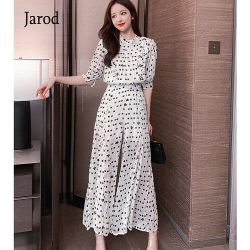 2020 Summer Chiffon Polka Dot Printed Two Piece Sets Women Half Sleeve Ruffles Blouses And Wide Leg Pants Elegant Fashion Women