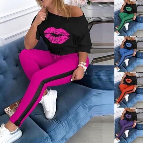 Fnoce summer women lips print two piece set off shoulder tee- top pencil jogger sweatpants suit sporting tracksuit overalls
