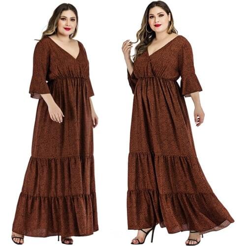 Plus Size Summer Women Maxi Dress Fashion Leopard Print V Neck Long Party Dresses Flare Sleeve Layered Holiday Beach Sundress