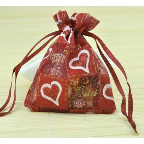 10pcs/lot Hearts Design Red Organza Bags 7.5x9.5cm Small Christmas Drawstring Pouch Candy Gift Bag Charm Jewelry Packaging Bags