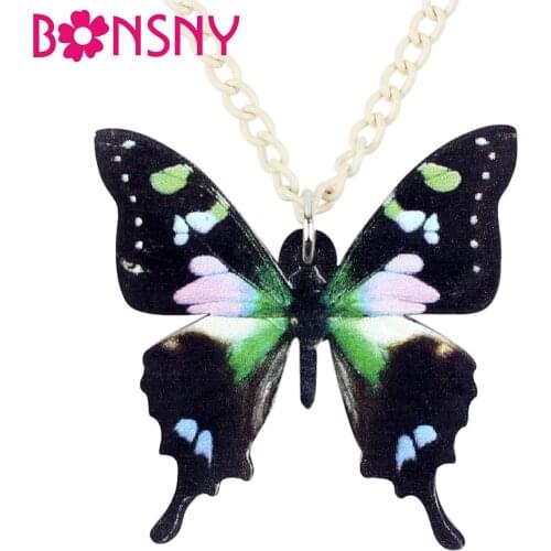 Bonsny Acrylic Guinea Graphium Weiskei Butterfly Necklace Pendant Chain Collar Insect Animal Jewelry For Women Girls Gift Summer