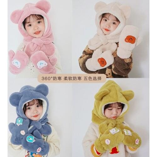 Cartoon Bear Ear Kids Winter Warm Hat And Scarf Gloves Baby Knitted Hat 3 Piece Sets Cap Scarves Suit 2-8 Age Years