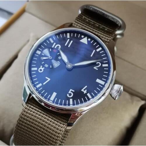 GEERVO No logo 44mm Manual mechanical mens Watch Blue dial thickening khaki Five rings Nylon strap Seagull ST3600-2 movement 97