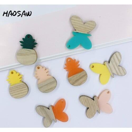 HAOSAW Choose 4Pcs/Lot Wood Material/Semi Resin Wood/Pineapple Butterfly Designs/DIY Jewelry Making/HandMade/Earring Findings