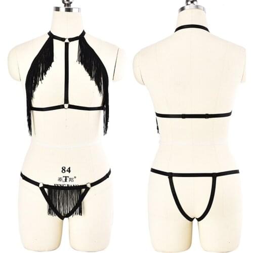 JLX.HARNESS 11.11 Pastel Goth Sexy Lingerie Tassel Bohemia body harness Set& Adjus liguero G-string Elastic Belt Fetish Panties