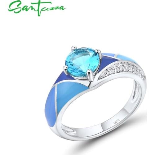 SANTUZZA Genuine 925 Sterling Silver Rings For Women Elegant Round Blue Glass White CZ Classic Gift Fine Jewelry Handmade Enamel