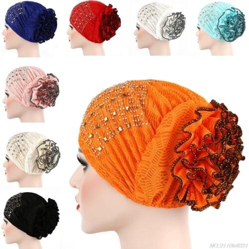 Floral Rhinestone Hijab Muslim for Women Fashion Lightweight Islamic Prayer Bandana Lace Turban Hats Stretchy Head Wrap Dropship