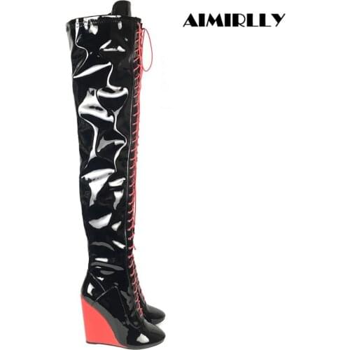 Winter Womens Shoes Round Toe Wedge Over the knee boots Lalce Up Ladies Fashion Thigh Height Boots Full Zipper Black Patent