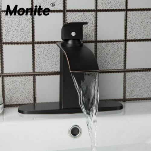 Monite Black ORB Solid Brass Bathroom Basin Waterfall Bathroom Oil Rubbed Bronze Cover Plate Deck Mounted Tap Mixer Faucet