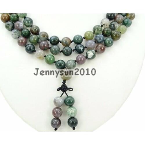 Natural Indian Ag-ate 10mm Gems Stone Buddhist 108 Beads Prayer Mala Knot Necklace Multi-Purpose 5Strands/Pack