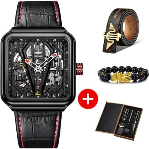 OUPINKE Automatic Watch Men Skeleton Mechanical Watch Steampunk Sapphire Crystal Square Leather Transparent sports Wristwatch