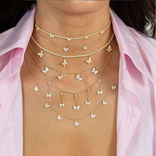 2021 New Hot Fashion Jewelry 5A Cubic Zirconia Thin CZ 2mm Tennis Chain Mini Dangling Butterfly Charm Choker Necklace 35+10cm