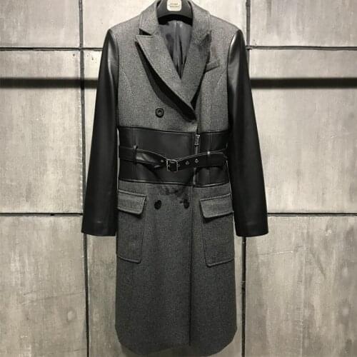Coat ladies genuine real leather and wool outwear
