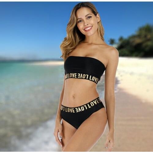 Solid Sexy Bikini 2019 Letter Swimsuit High Waist Swimwear Women Black Bikini Set Biquinis Feminino Monokini Brazilian Bikini
