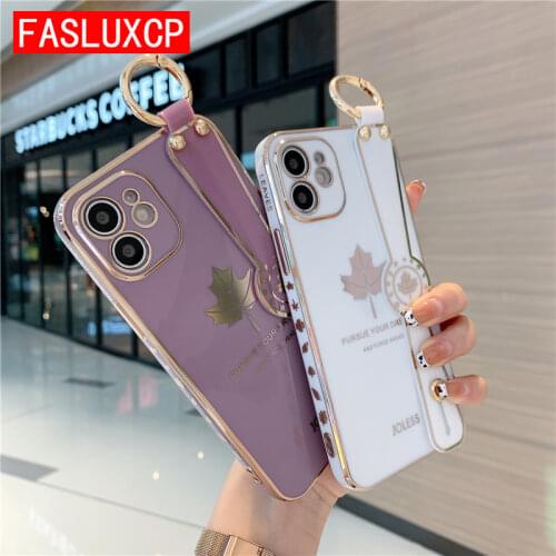 Luxury Electroplated Soft Back Print Maple Wrist Strap Phone Holder Case for iPhone 12 Pro Mini 11 SE 2 6 7 8 Plus X XR XS Max