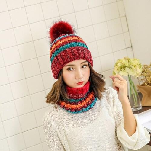 Ladies hat, bib, winter thickening, warmth, knitted hat, bib set, trendy Korean, simple and sweet, versatile, young student hood