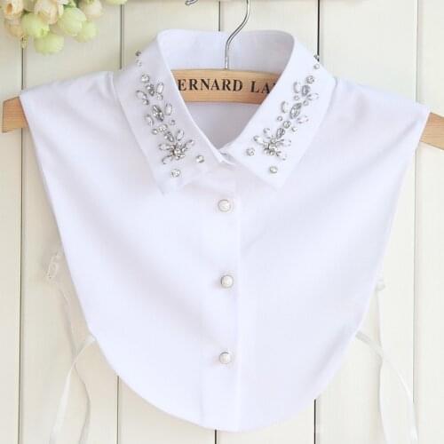 Linbaiway Fashion Women Fake Collar Shirt Beads Detachable Collars Chiffon Lapel Blouse Top Female White Clothes Decor