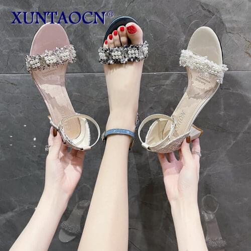 2021 Women Summer High Heels Shoes Crystal Peep Toe Square Heels Buckle Strap Sandals Black Zapatos Mujer
