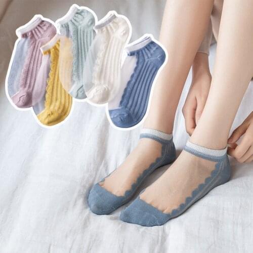 Women Summer Thin Crystal Glass Socks Candy Color Striped Wave Womens Socks Boat Socks 5 Pairs