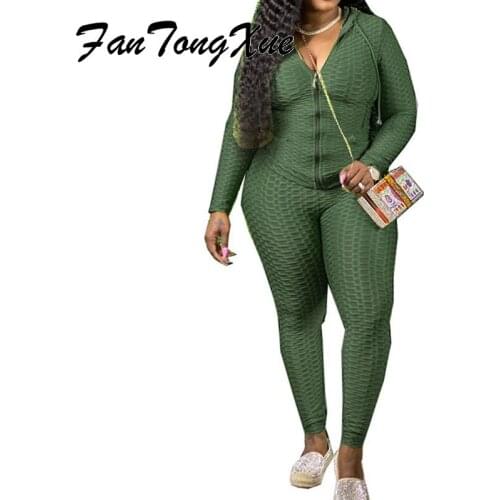 Plus Size Two-piece Suit Women 2021 Solid Jacquard Casual Skinny 2 Piece Set Full Sleeve Hooded Long Two Piece Outfits Women