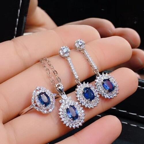 Natural blue sapphire gem jewelry sets natural gemstone pendant ring earrings 925 silver fashion Diana women fine party jewelry