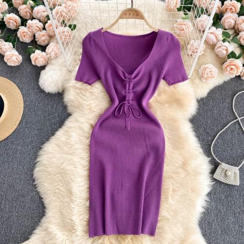 Summer Elegant Womens Purple Knit Dress Solid Short Sleeve Drawstring V-neck Bodycon Sexy Mini Dress Lady Vestidos
