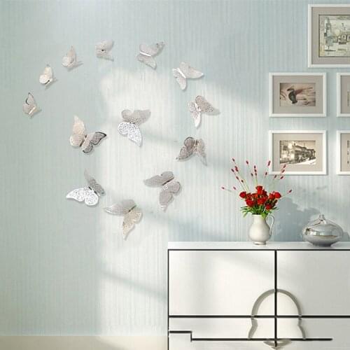 12pcs/set Hollow 3D Butterfly Wall Sticker for Wedding Decoration Living Room Window Home Decor Gold Silver Butterflies Stickers