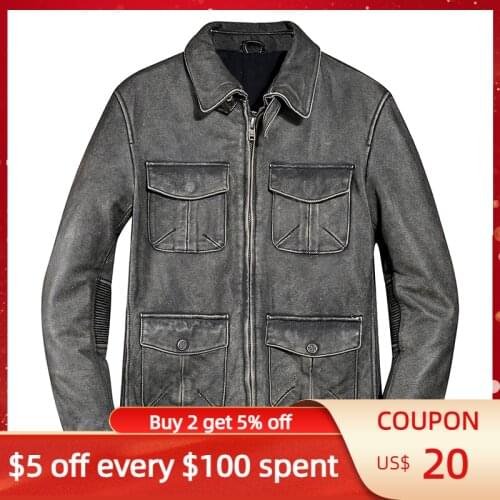 2021 Vintage Grey Genuine Leather Jacket Men Safari Style Plus Size 5XL Real Natural Cowhide Autumn Slim Fit M65 Coat