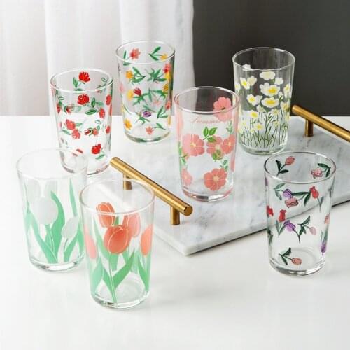 450ml 7 Colour Flower Tulip Daisy Wine Glass Juice Cup Printing Rose Cosmos Flower Creative Oriole Tumbler Drinking Set Gift