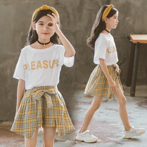 Girls White T Shirt Plaid Skirt Suit for Children Clothes Summer Girls Outfits Teen Girls Clothing Set Kids Clothes 8 10 Years