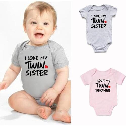 Summer Cute Baby Rompers Boys Girls Clothes I LOVE MY TWIN BROTHER Letters Print Infant Jumpsuits Kids Costumes Outfits 0-24M