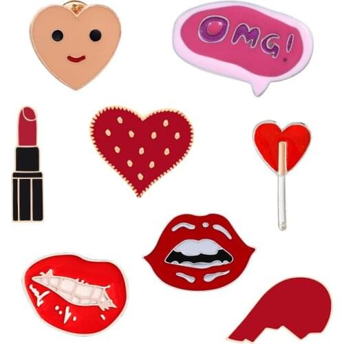 Red Lips Heart Brooches Omg Sexy Mouth Lipstick Creative Enamel Pins Hearts Badge Backpack Button Shirt Lapel Pin Girls Jewelry