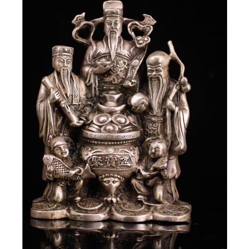 6"Chinese Folk Collection Old Bronze Gilt silver Fu Lu Shou Samsung statue Lucky Ornaments Ornaments Town House Exorcism
