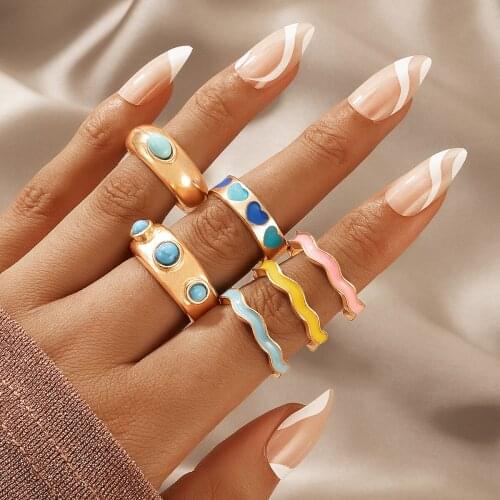 HuaTang 6pcs/set Bohemian Dropping Oil Heart Rings for Women Stone Beaded Geometry Alloy Metal Ring Set Jewelry Anillo 19664